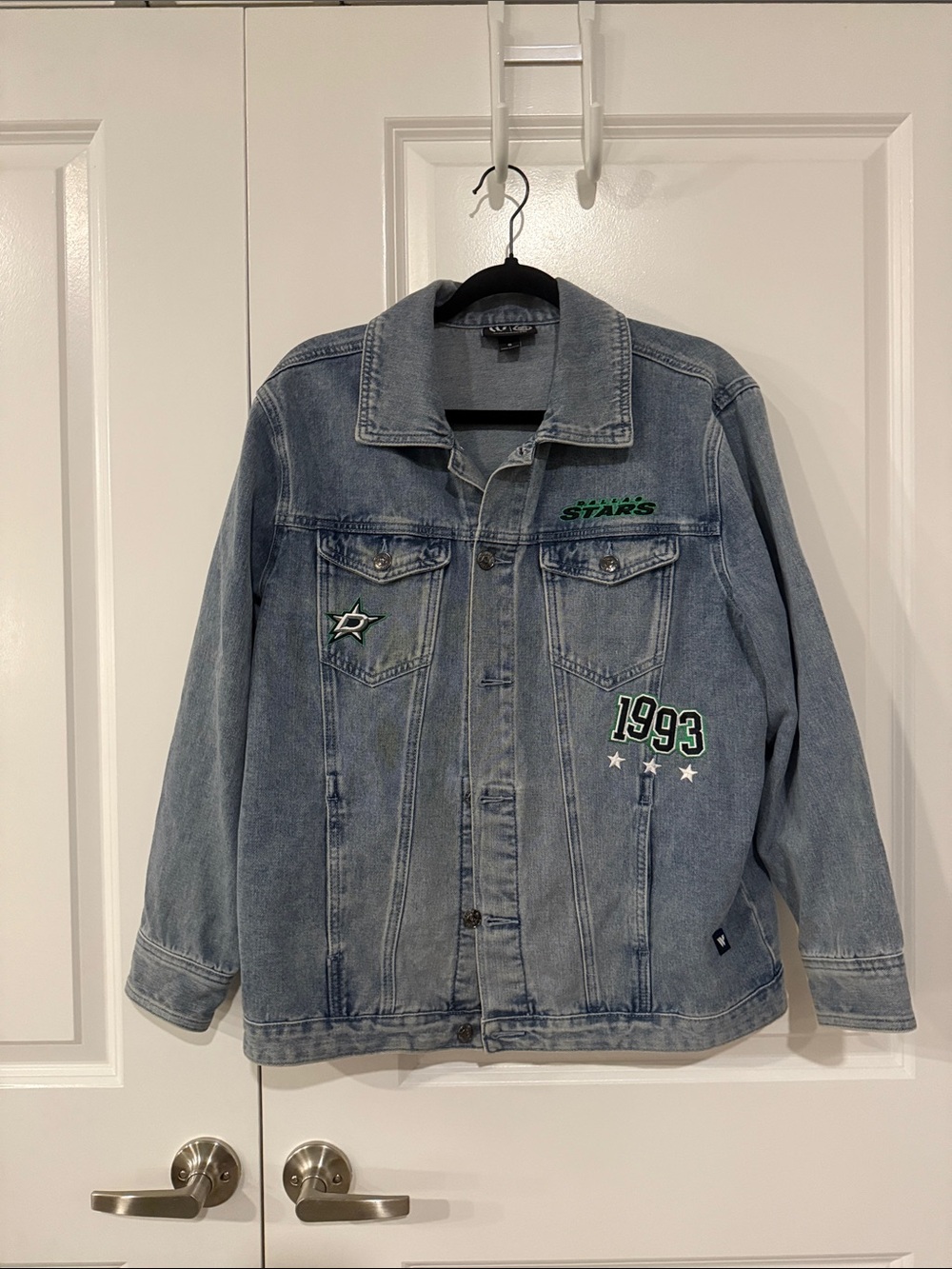 Light Wash Denim Jacket with Green Embroidered Dallas Stars